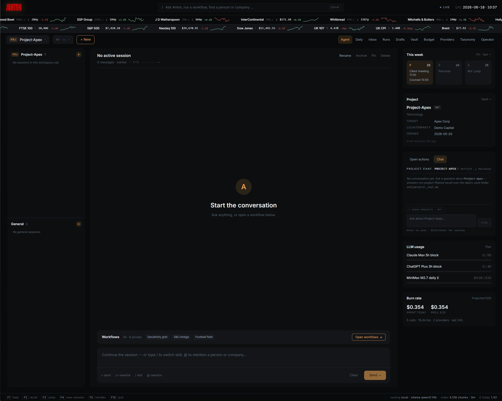 ANTON agent cockpit with the workflow drawer closed — chat-first