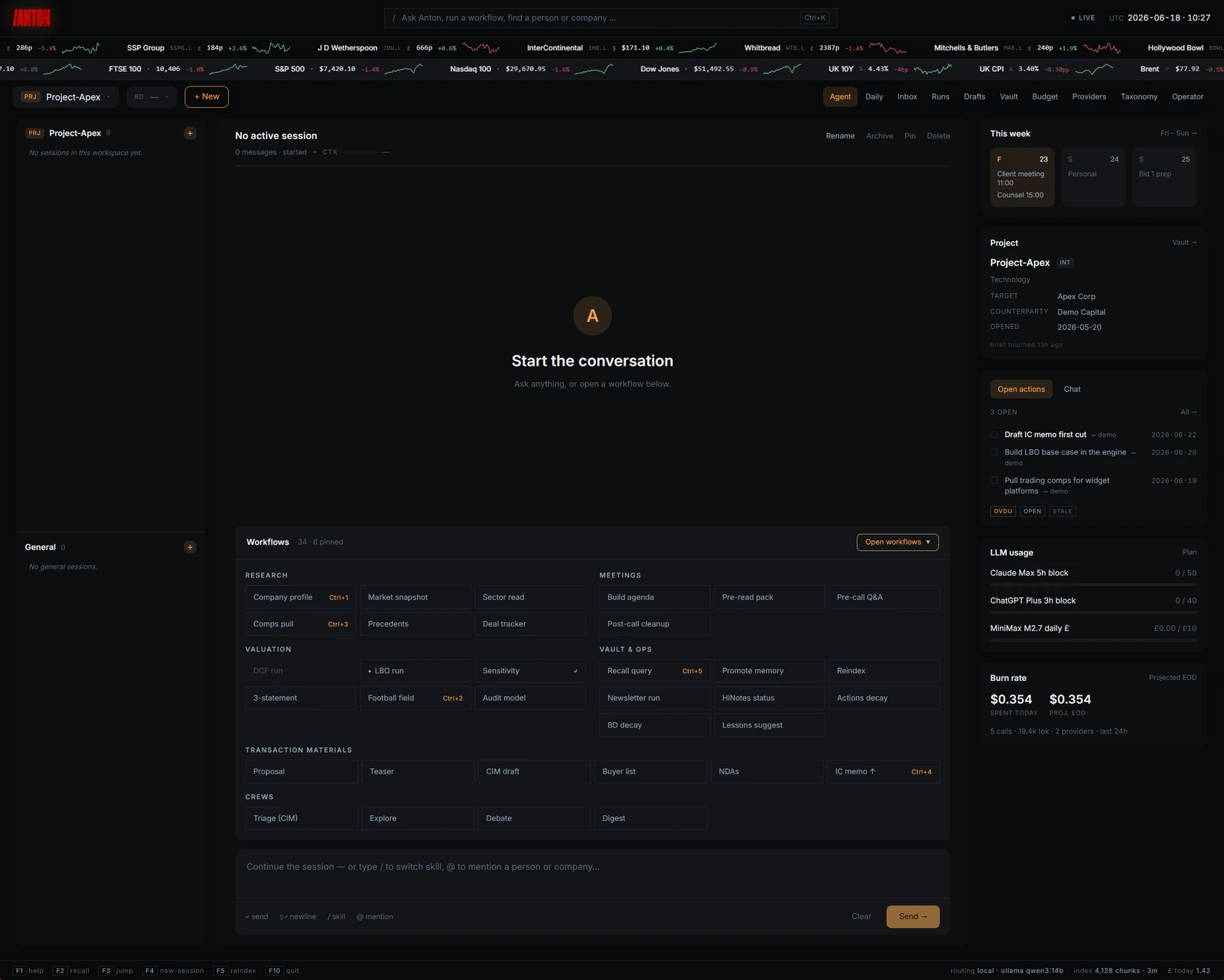 ANTON agent cockpit with the workflow drawer open — the full skill palette