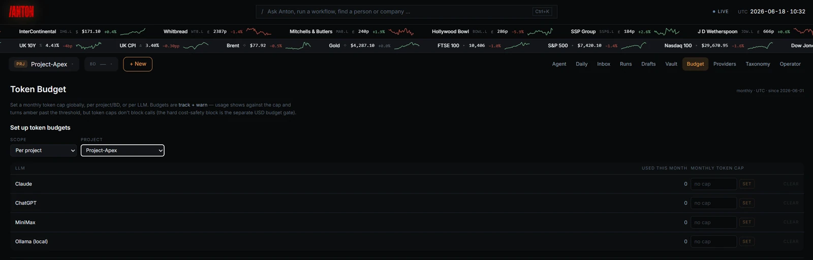 Per-project token budget — a cap scoped to a single deal