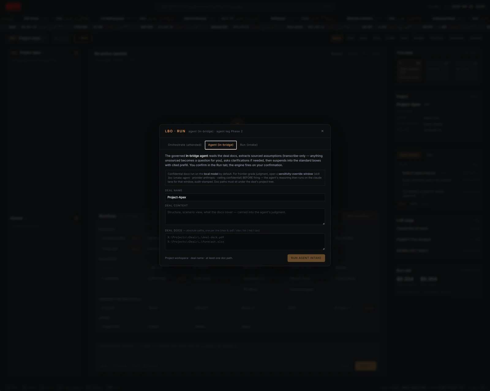 Governed in-bridge LBO intake agent