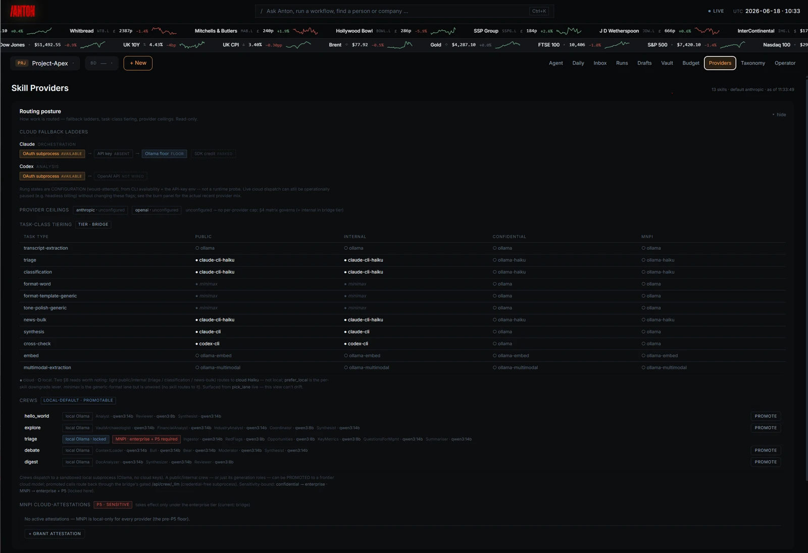 Per-skill and per-crew model routing, cloud-fallback ladder, MNPI attestations
