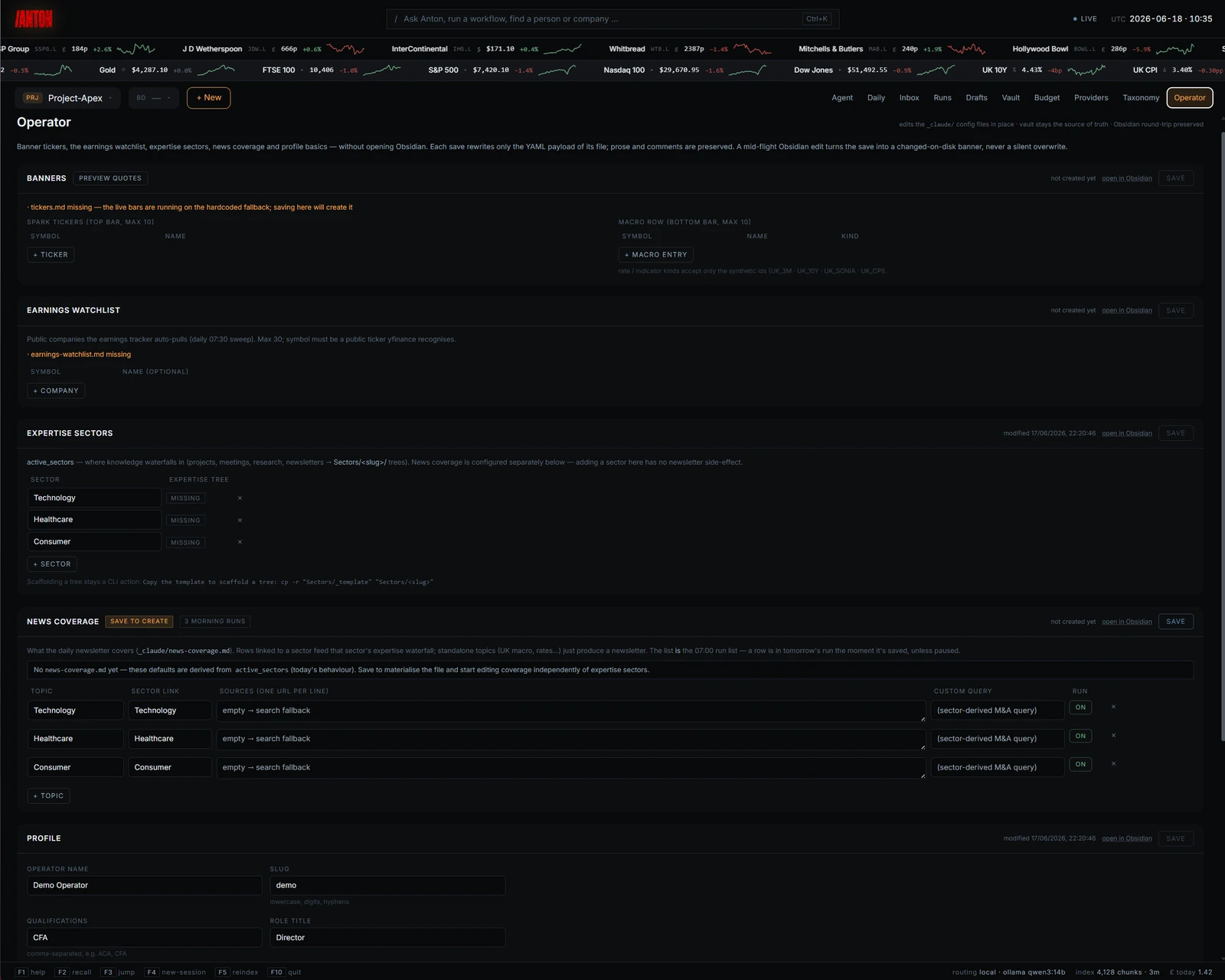 Operator profile, expertise sectors, watchlist and news coverage